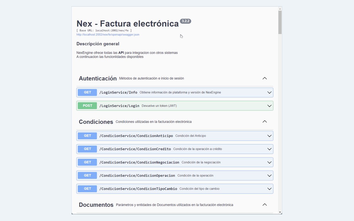 Interfaz Swagger UI con los métodos disponibles de la API de NexEngine