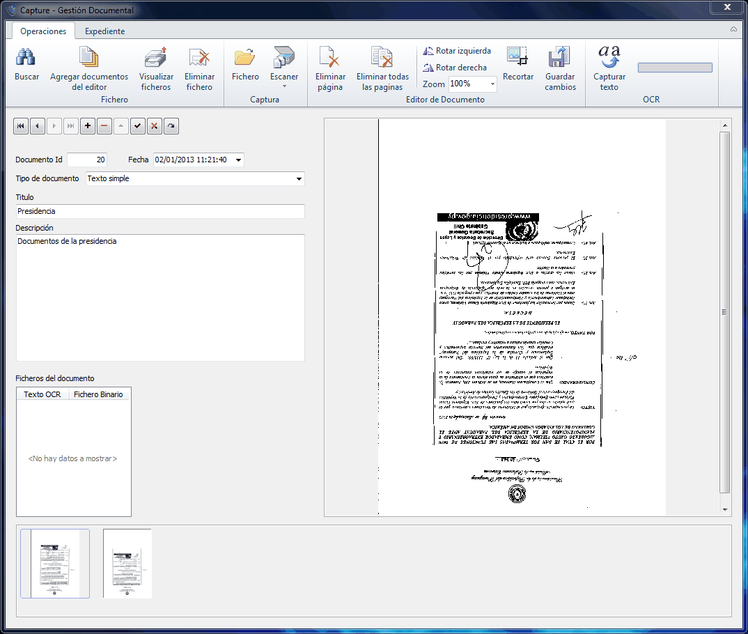 Capture — pantalla de digitalización con el documento escaneado y sus páginas