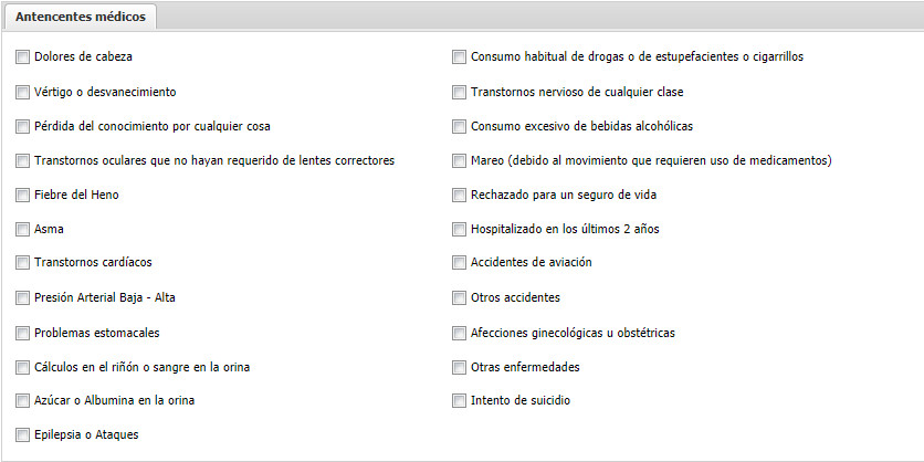 Antecedentes médicos del examen aeronáutico, con su lista de condiciones
