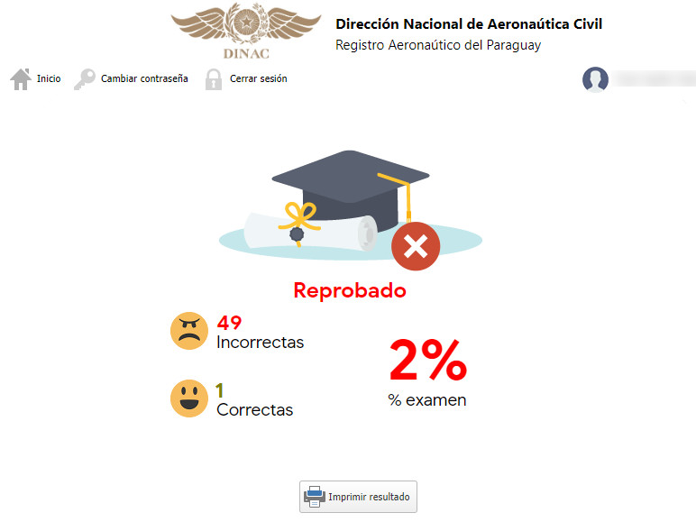 Pantalla de resultado del examen con el porcentaje obtenido