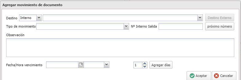 Cuadro para agregar un movimiento con destino, tipo, observación y vencimiento