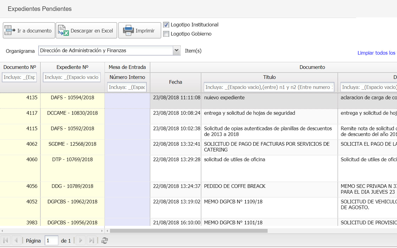 Bandeja de expedientes pendientes con filtros y exportación