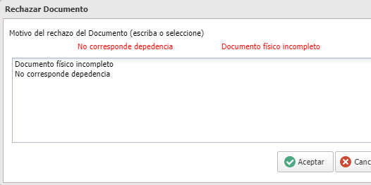 Cuadro de rechazo de documento con los motivos disponibles