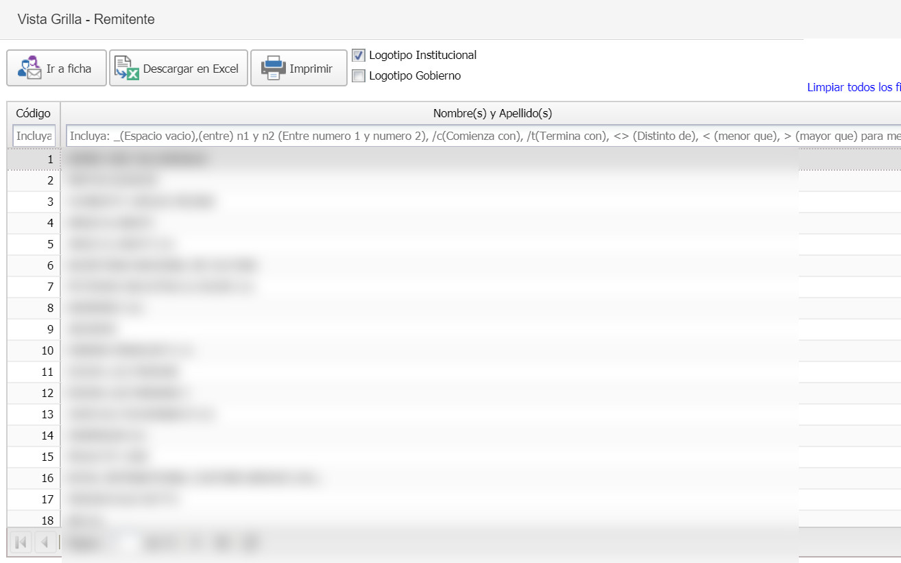 Fichero de remitentes con sus datos de contacto