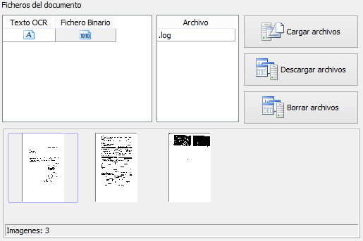 Ficheros del documento: texto OCR, fichero binario y las imágenes digitalizadas