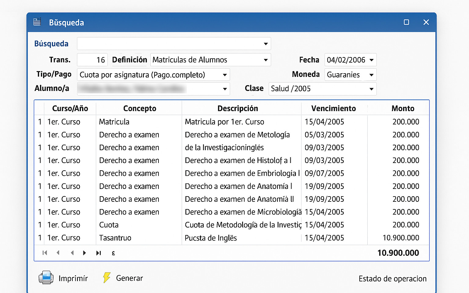 Generación de matrícula con los conceptos, vencimientos y montos del alumno