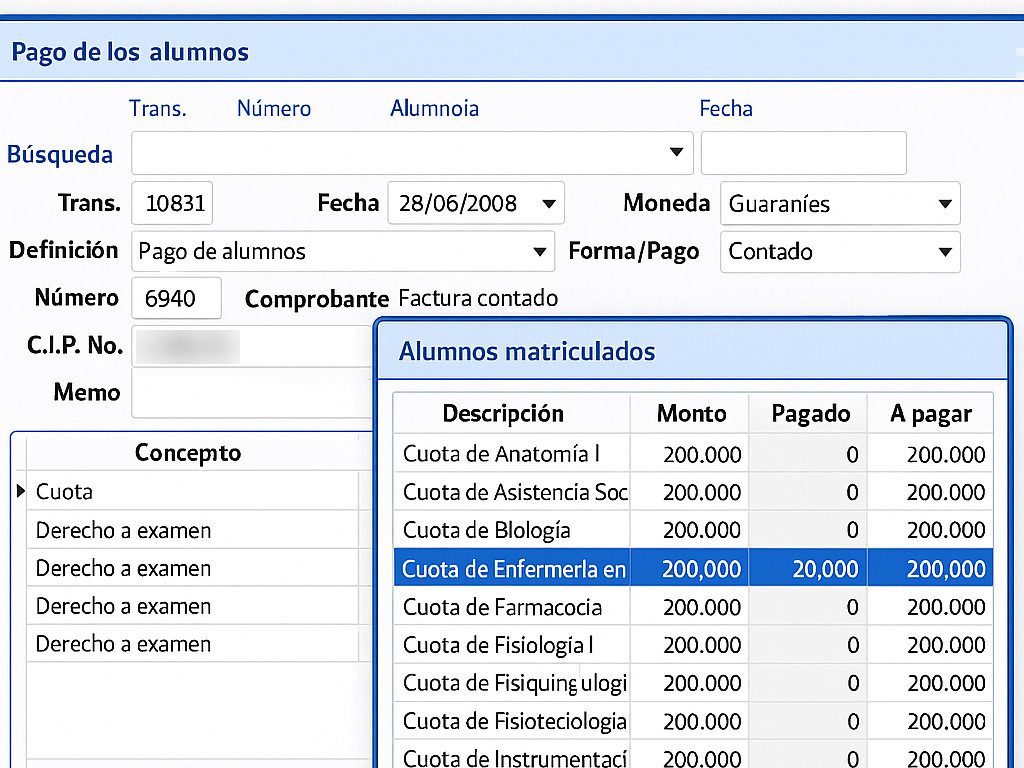 Pago de un alumno con el detalle de conceptos, montos pagados y saldo