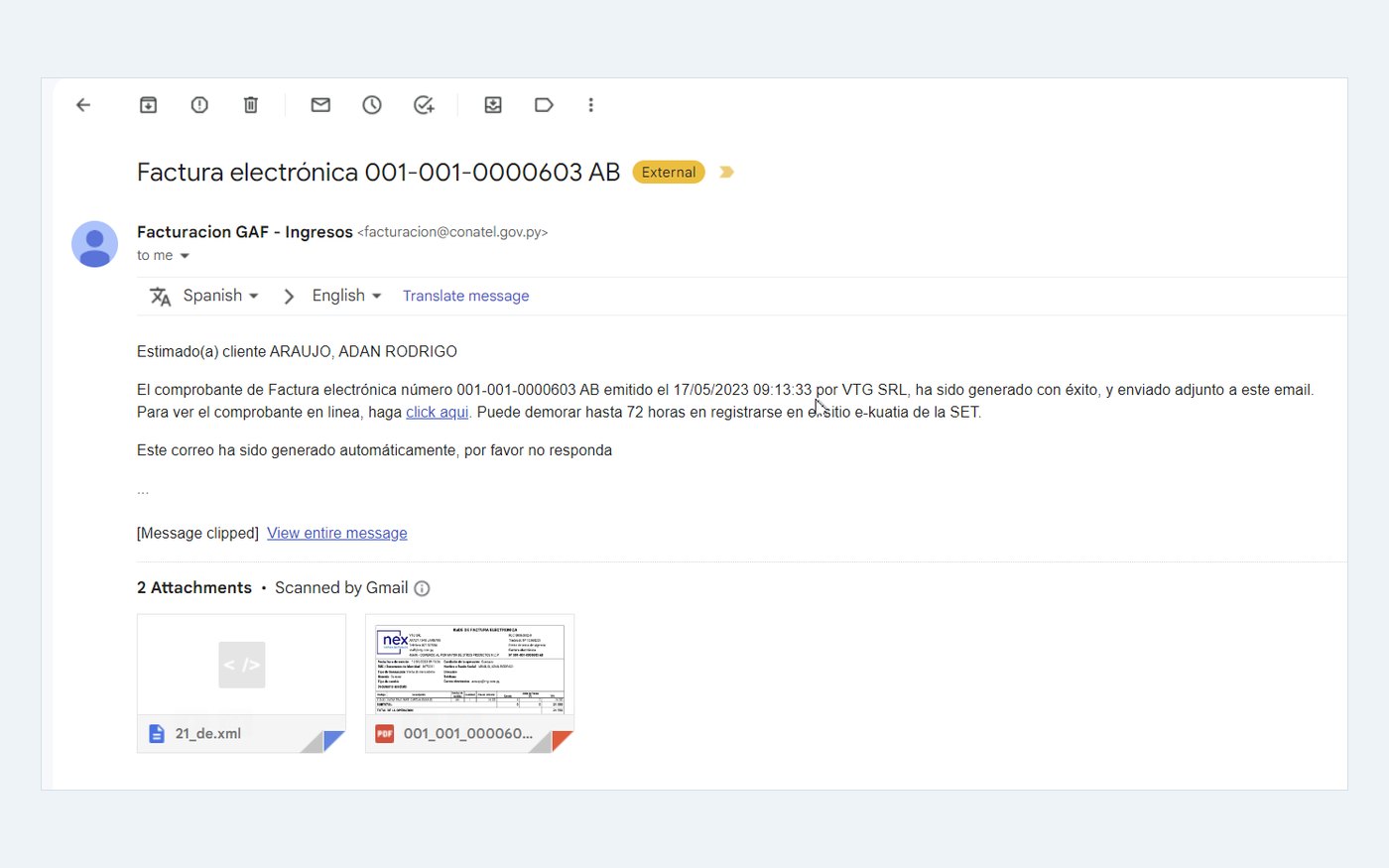 Correo recibido por el cliente con el KuDE en PDF y el XML adjuntos