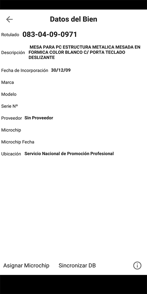 Ficha del bien en la aplicación Android