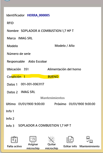 Ficha del activo en la terminal, con sus acciones de microchip y mantenimiento