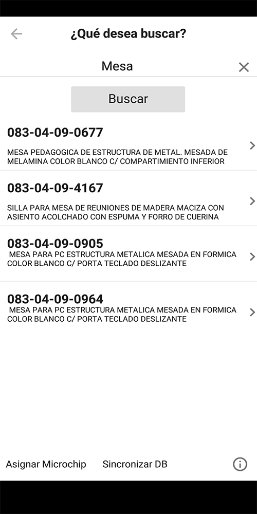 Resultados de búsqueda en la aplicación Android