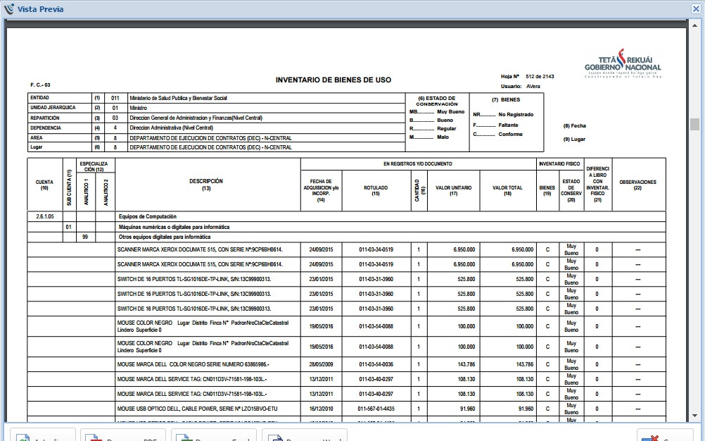 Formulario FC03 de inventario de bienes de uso impreso
