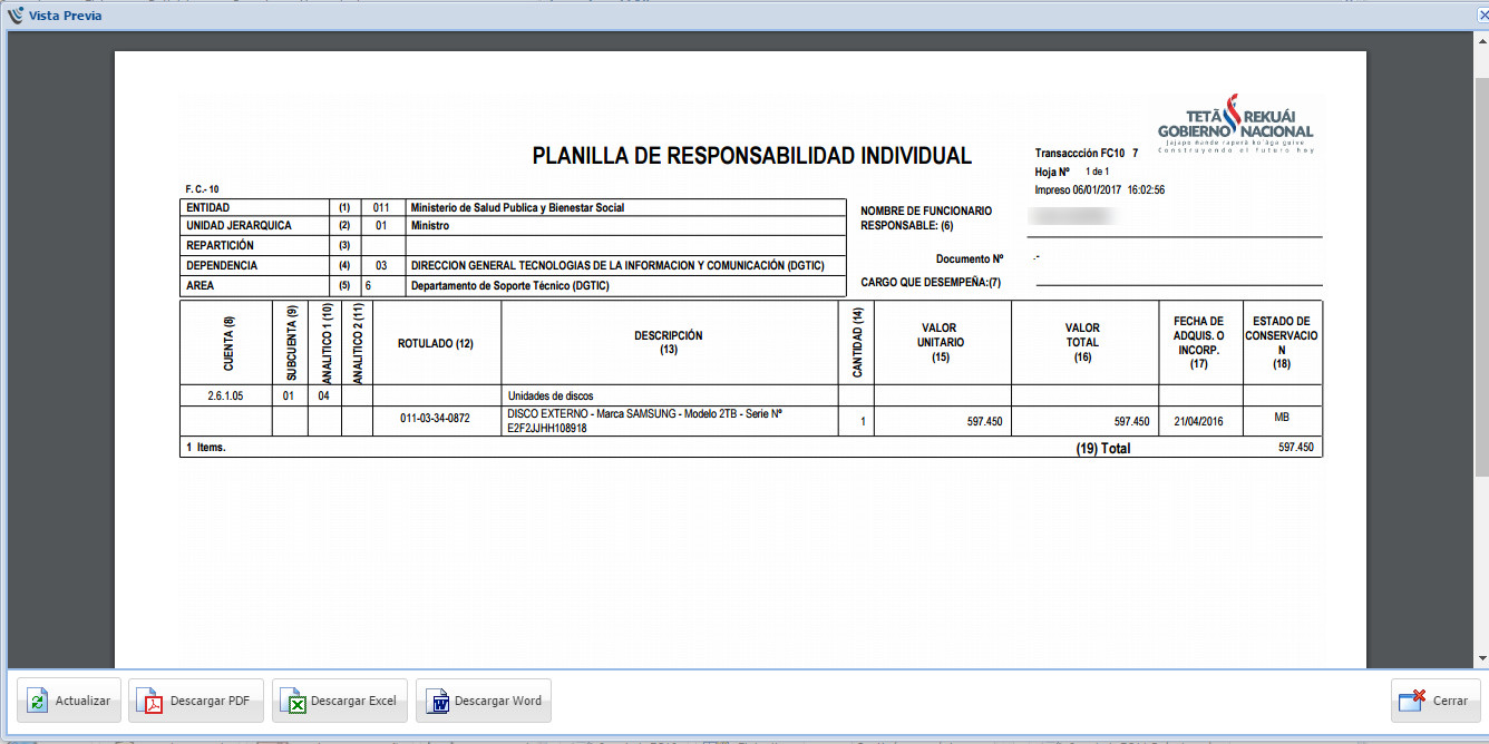 Planilla de responsabilidad individual FC10 impresa