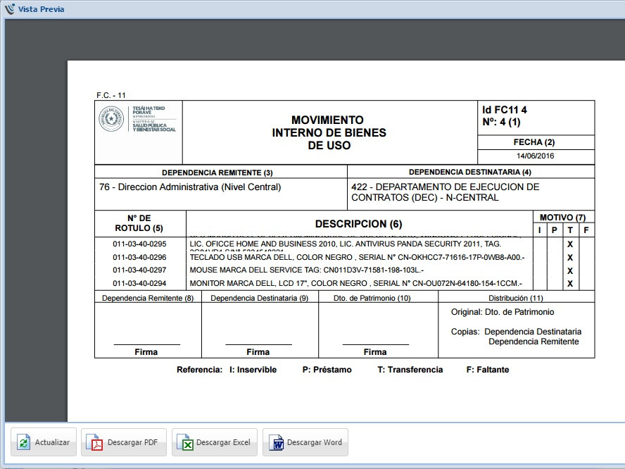 Formulario FC11 de movimiento interno de bienes de uso impreso