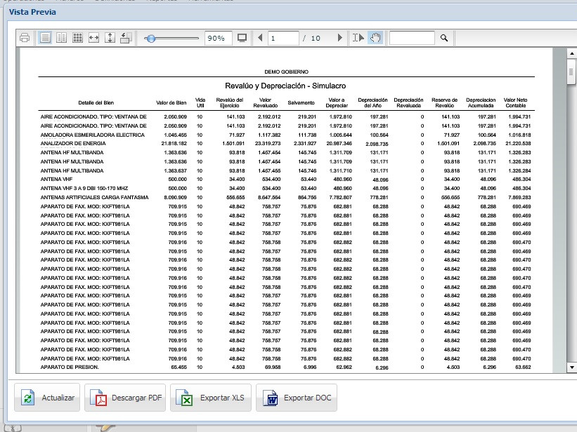 Reporte de revalúo y depreciación en modo simulacro
