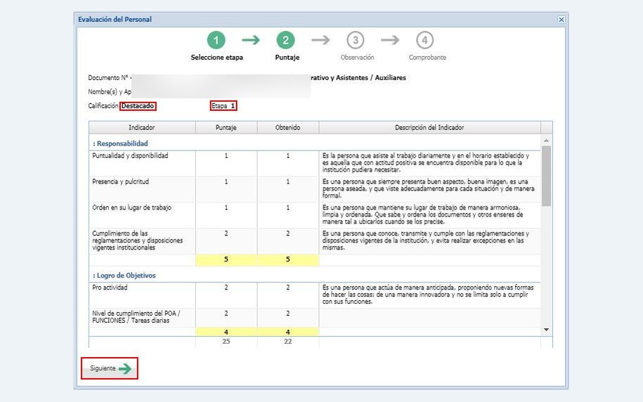 Pantalla de puntaje de la evaluación de desempeño
