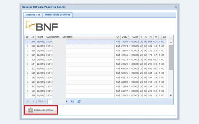 Generación del archivo TXT para pagos vía bancos