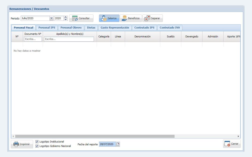 Pantalla de remuneraciones y descuentos por tipo de vínculo