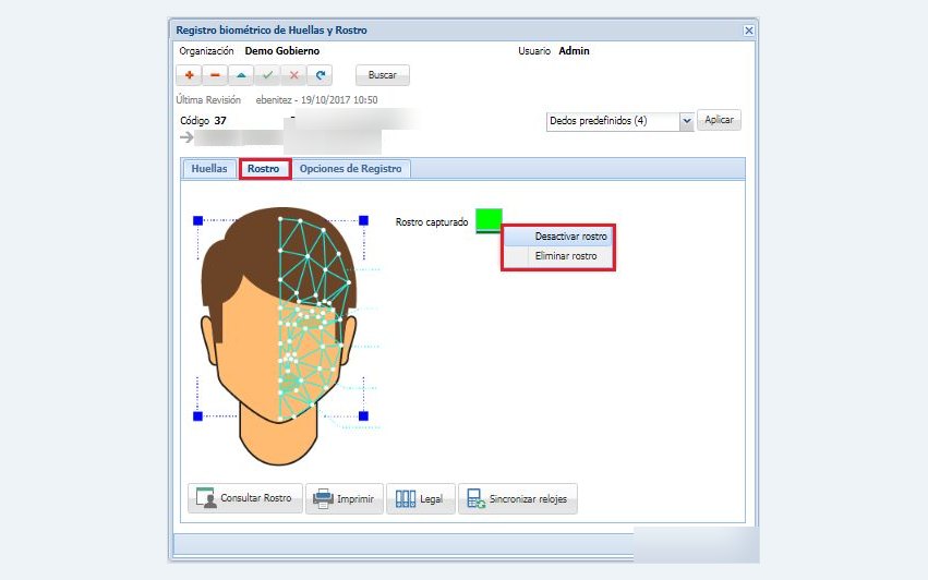 Pantalla de registro biométrico de rostro