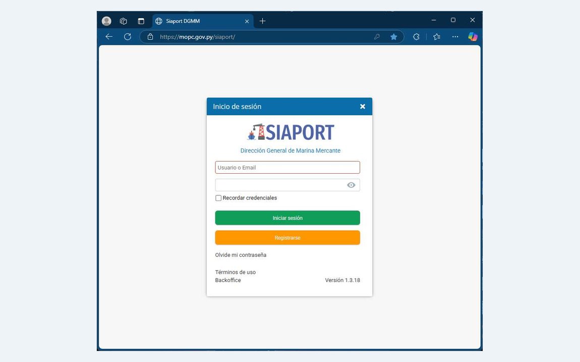Pantalla de inicio de sesión de SIAPORT