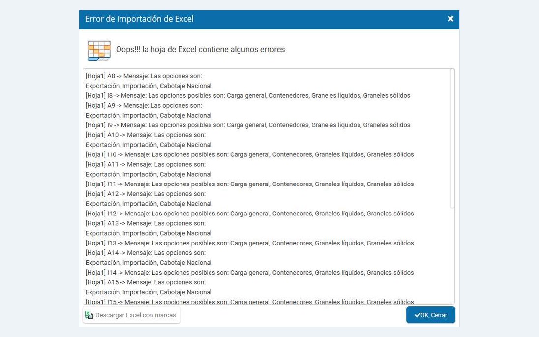 Detalle de errores detectados en la planilla importada