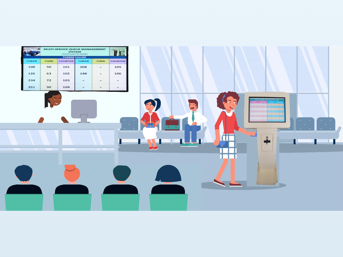 Sala de espera con pantalla de turnos y kiosco de autoservicio